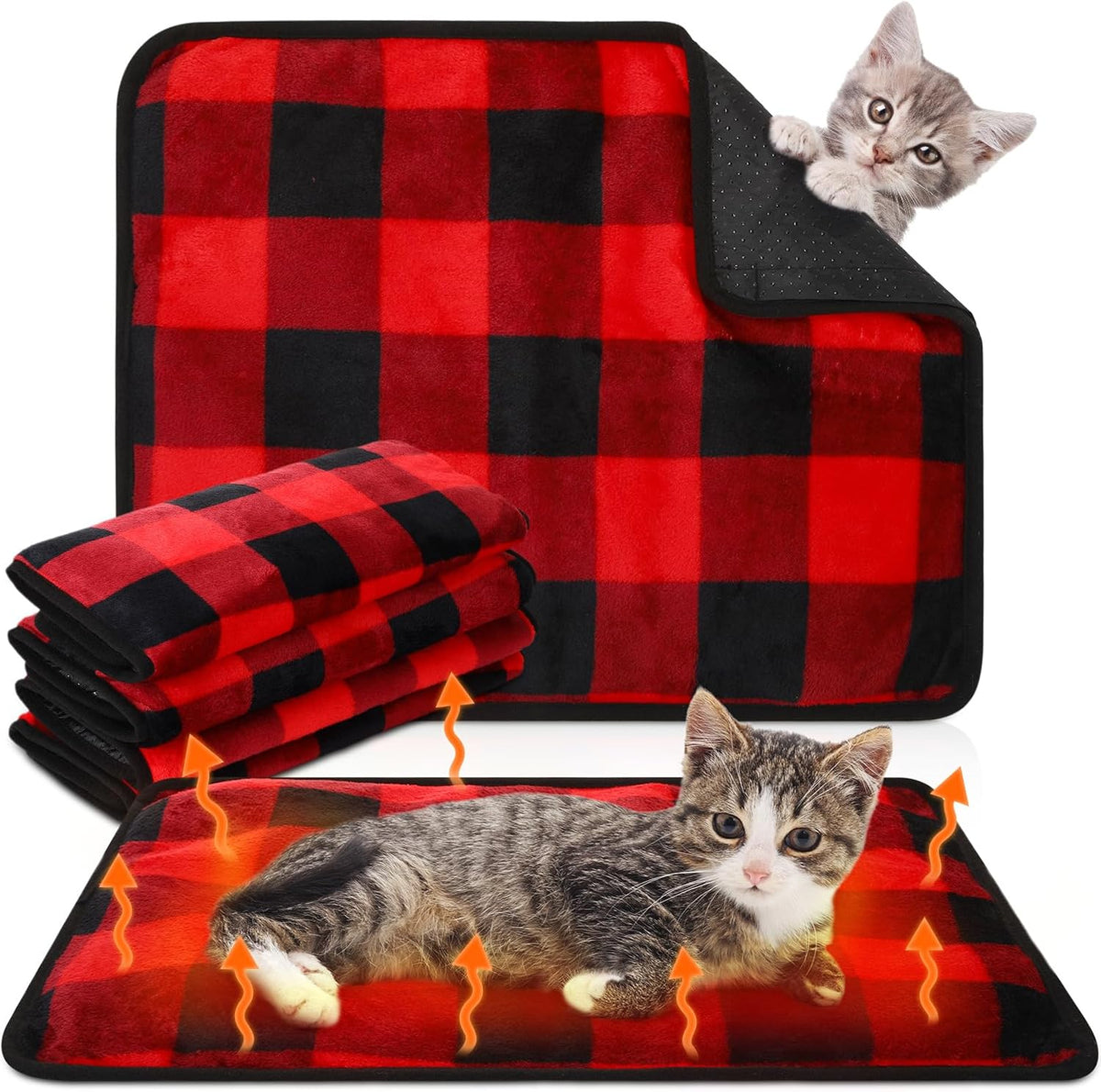 4 Pack Self Heating Cat Pad Self Warming Dog Mat, Heart - Buffalo Plaid / 16 x 20 Inches