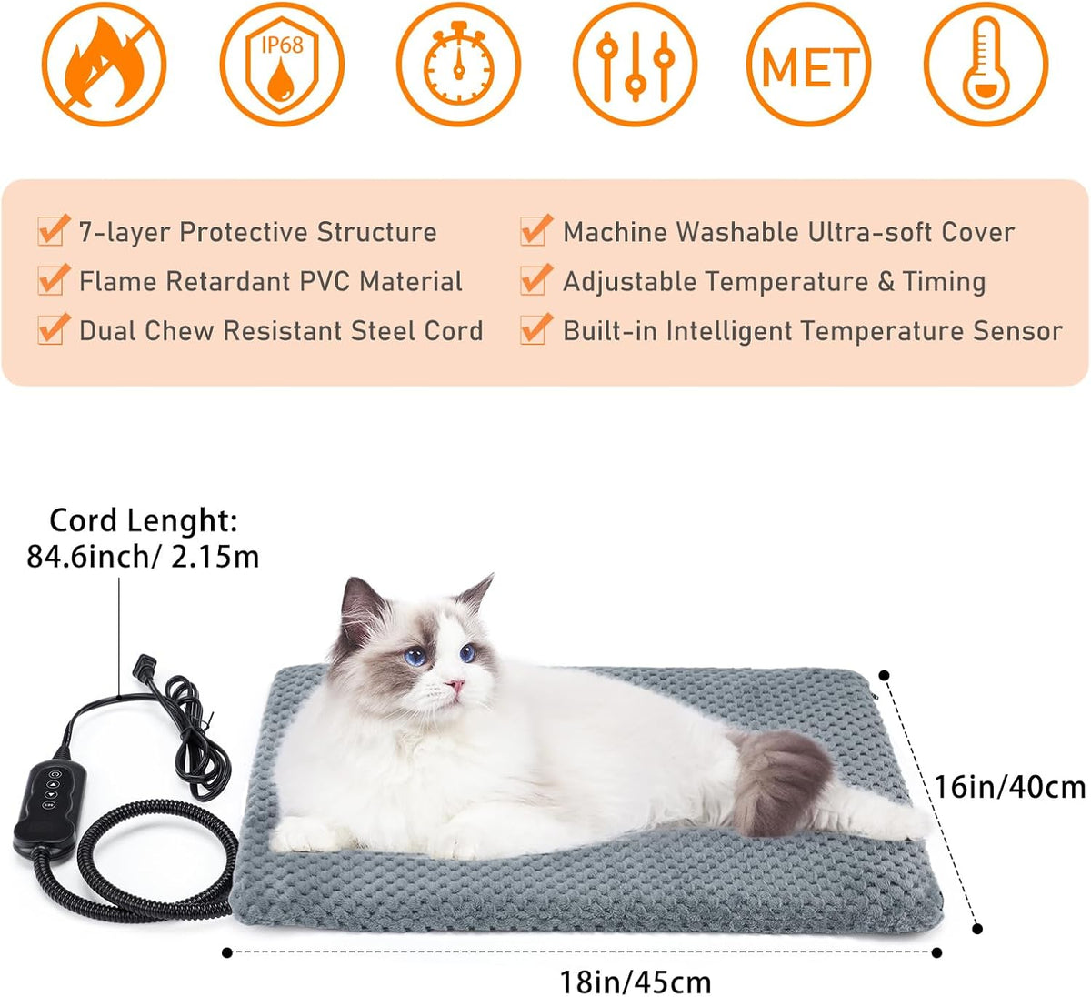 Heated Dog Bed, Waterproof Adjustable Temperature Dog Cat Heating Pad with Timer, Indoor Pet - S: 18" x 16" / Grey - image 2
