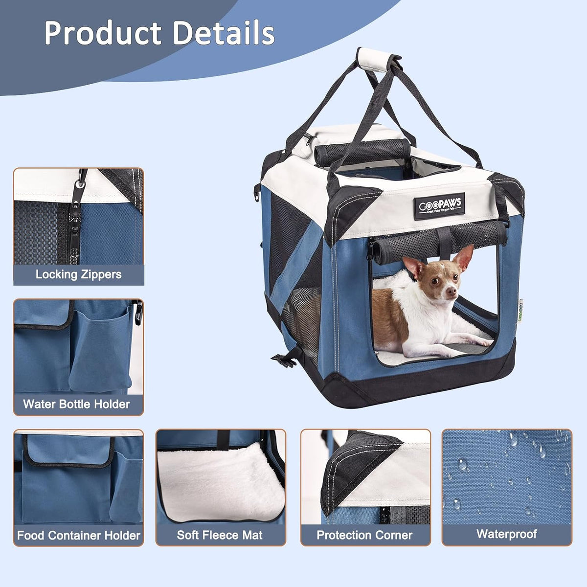 JESPET 3 Door Soft Dog Crates Kennel - 6-Lake Blue / Large(30"L x 21"W x 23"H) - image 2