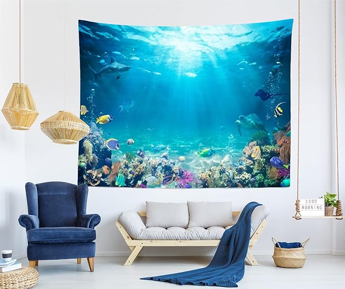 Loccor Underwater World Tapestry Blue Ocean Wall Hanging Under the Sea Coral Reef Wall Tapestry 60X50 Inches Tropical Fish Tank Undersea Tapestries Marine Wall Art for Bedroom Living Room Dorm Decor