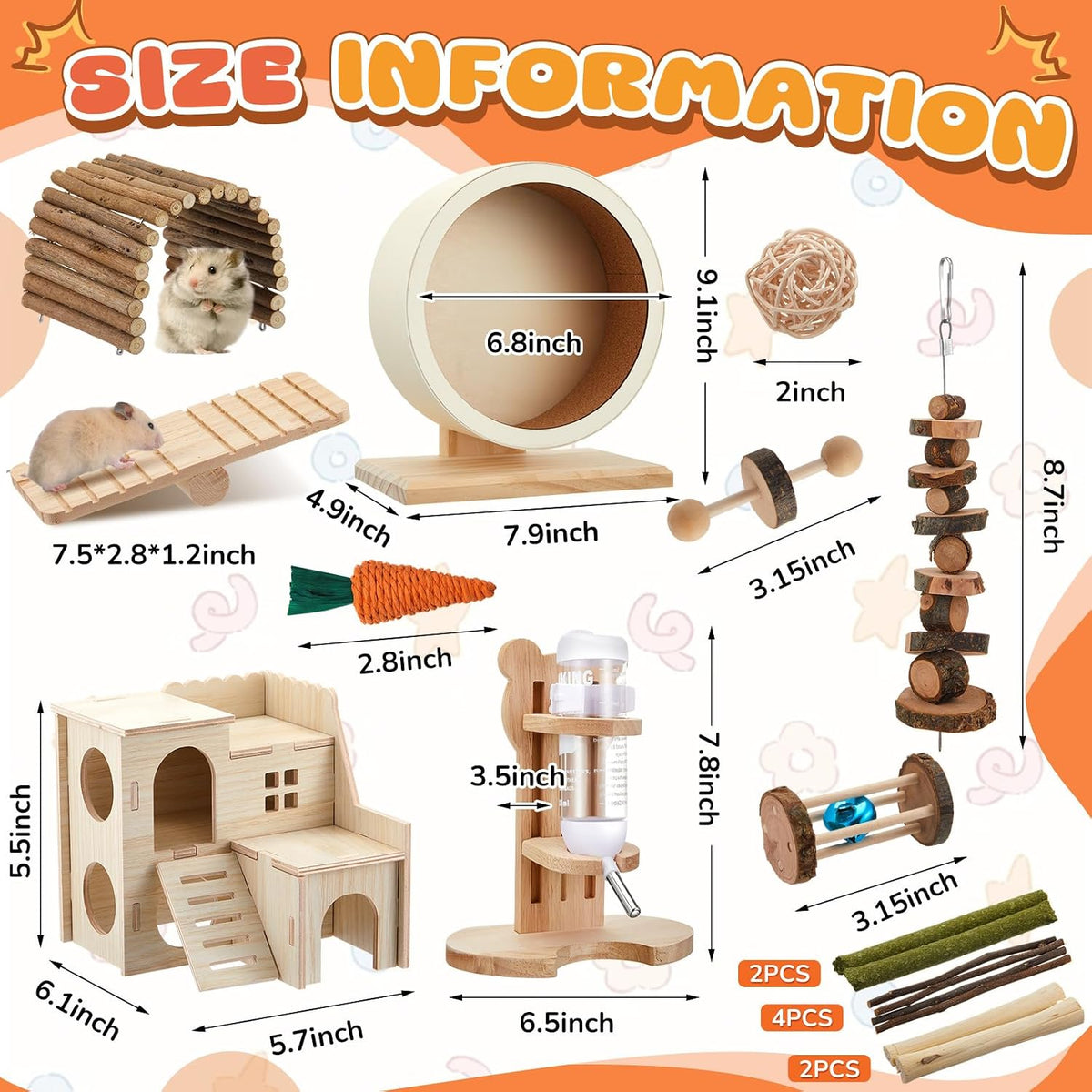 18 Pcs Hamster Cage Accessories Set with Hamster Wheel Maze House – Essentials for Small Pets - Harmony Wooden Style - image 3