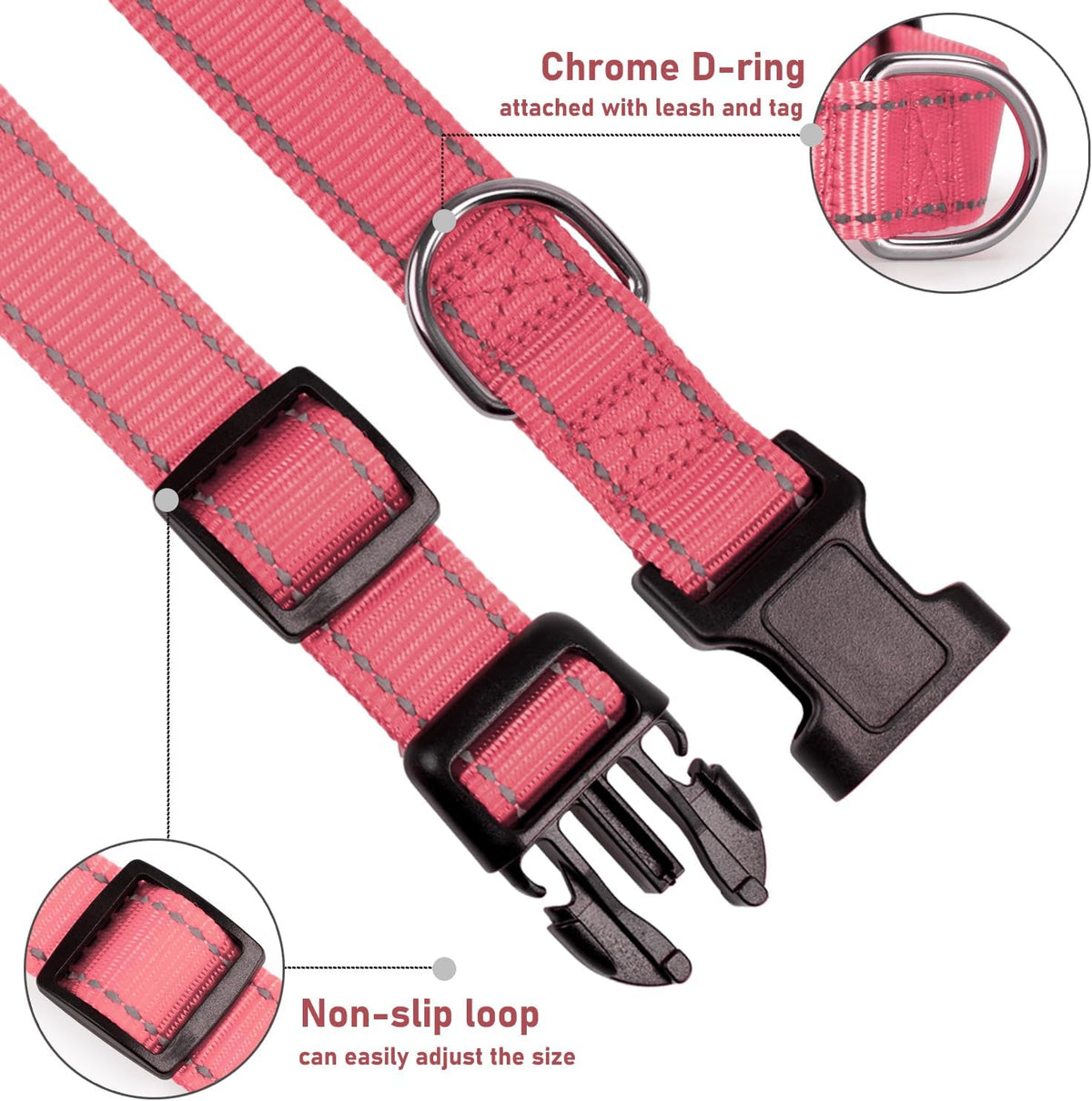 Reflective Dog Collar, Puppy Collar with Buckle Adjustable - Light Pink / XLarge :Width 1",Neck 16-26" - image 3