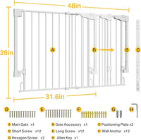 Cumbor 31.6-48" No Bottom Bar Baby Gate for Stairs, 2-in-1 Auto Close Dog Gate Indoor, Hardware Mounted Pet Gate for Doorways with Large Walk Thru Door, Child-Proof Safety Gate for Kids (White)