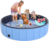 Giant Dog Pool 97"x16", Hyperzoo Foldable Dog Swimming Pool, Hard Plastic PVC Leakproof Doggie Wading Collapsible Pet Bathing Tub for Puppy Small Medium Large Dogs and Kids, Blue
