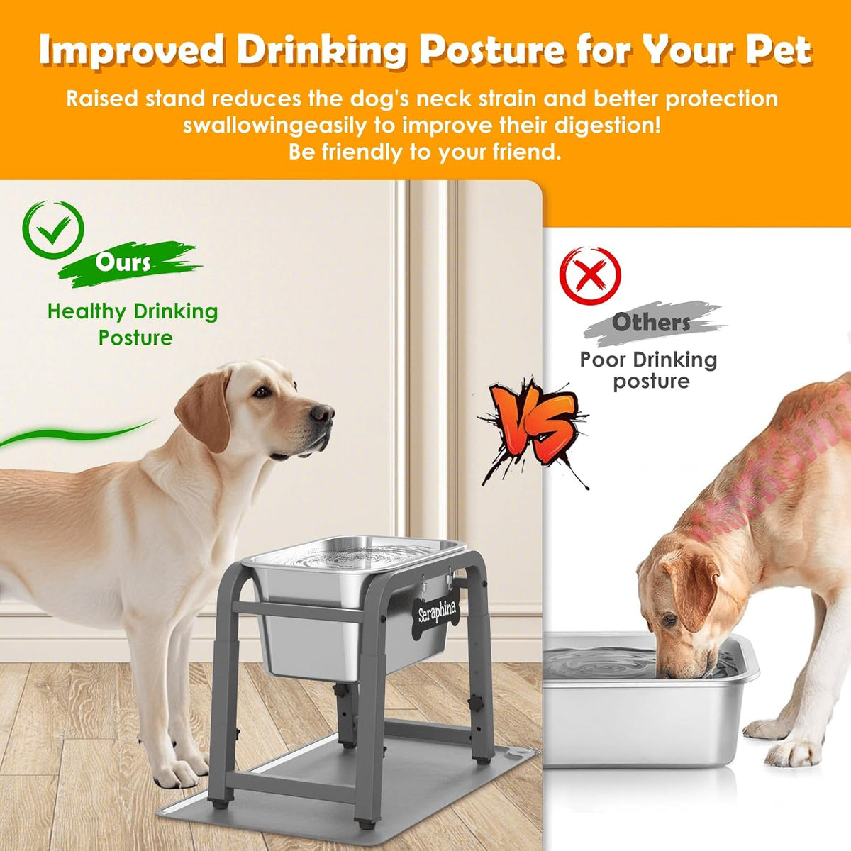 1.2 Gallon Elevated Large Dog Water Bowl with Mat - Grey-1.85 gal & mat / Height: 11.4-16.7" - image 2