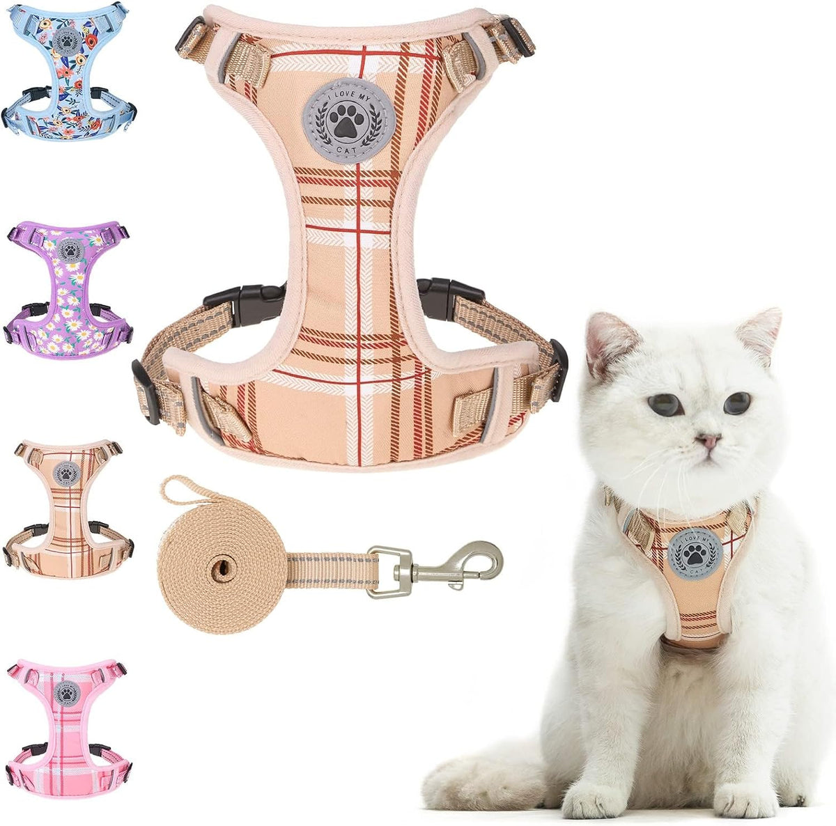 Cat Harness and Leash Set, Escape Proof and Adjustable - Beige / S (Chest: 11 - 16")
