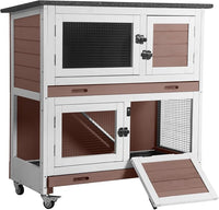 Aivituvin 2-Tier Rabbit Hutch with Tarp Door and Wheels Bunny Cage Indoor Outdoor Guinea Pig Cage Expandable with Pet Playpen 36" L, Brown
