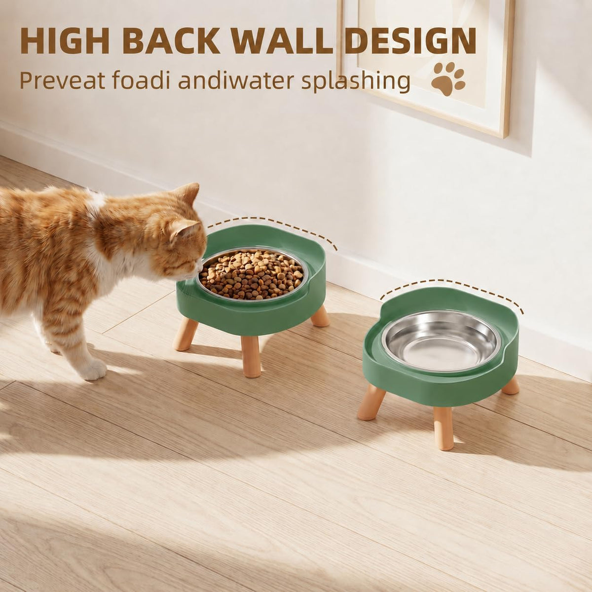Elevated Cat Bowls, 2P Raised Cat Food and Water Bowl Set for Indoor Cats, Splash Proof with 2 - 2P Cat Bowls - Green - image 2