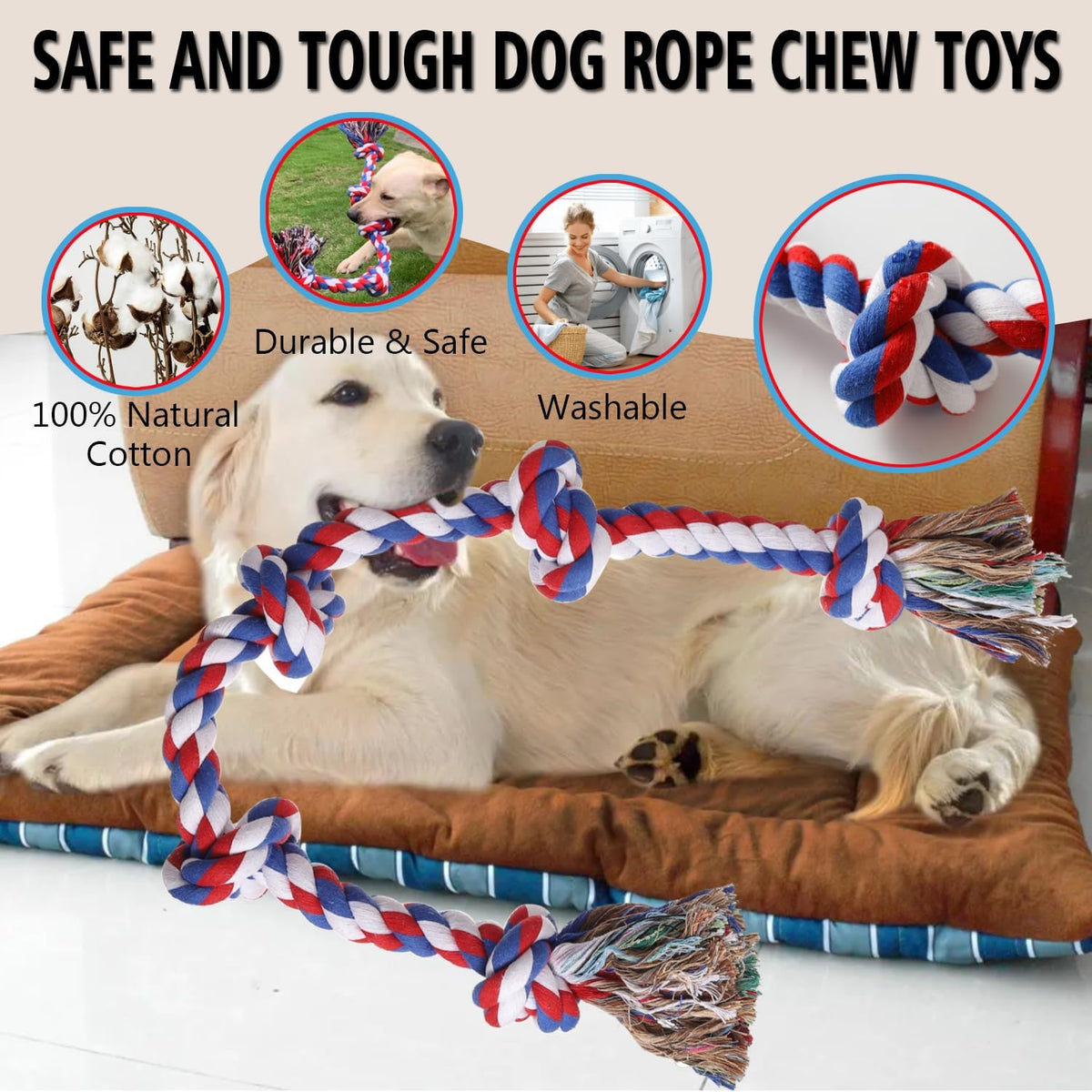 XIGOU Dog Rope Toys for Large Dogs Aggressive Chewers - Red / 5 Knots - image 3