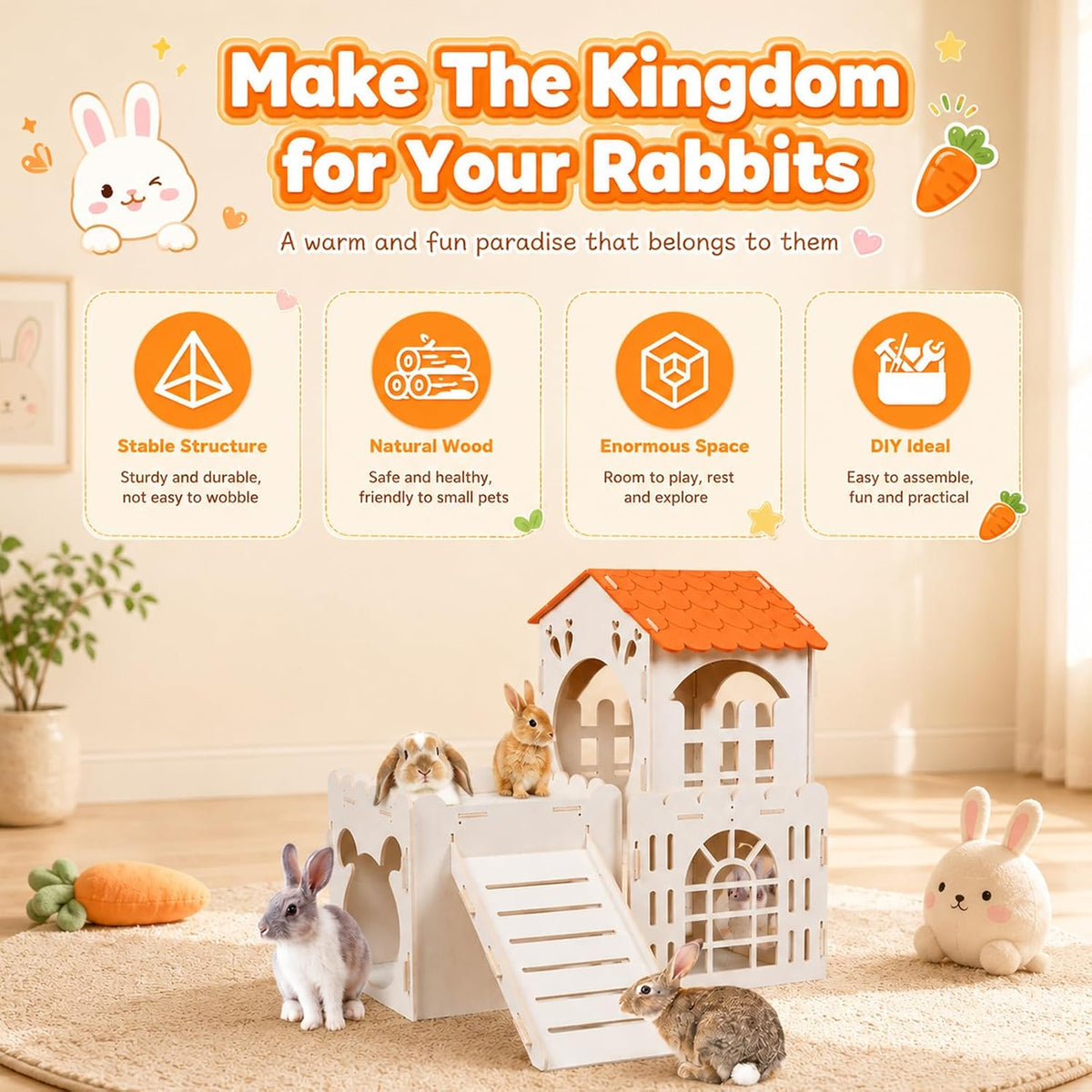 Large Rabbit House, Wooden Bunny Castle with 3 Houses Indoor - 3 Houses Color Roof - image 4
