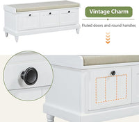 Classic Shoe Storage Bench with Cushion and Three Drawers, Fluted Entryway Bench with Storage for Entryway, Living Room, Hallways 44.0" L x 15.9" W x 18.9" H White