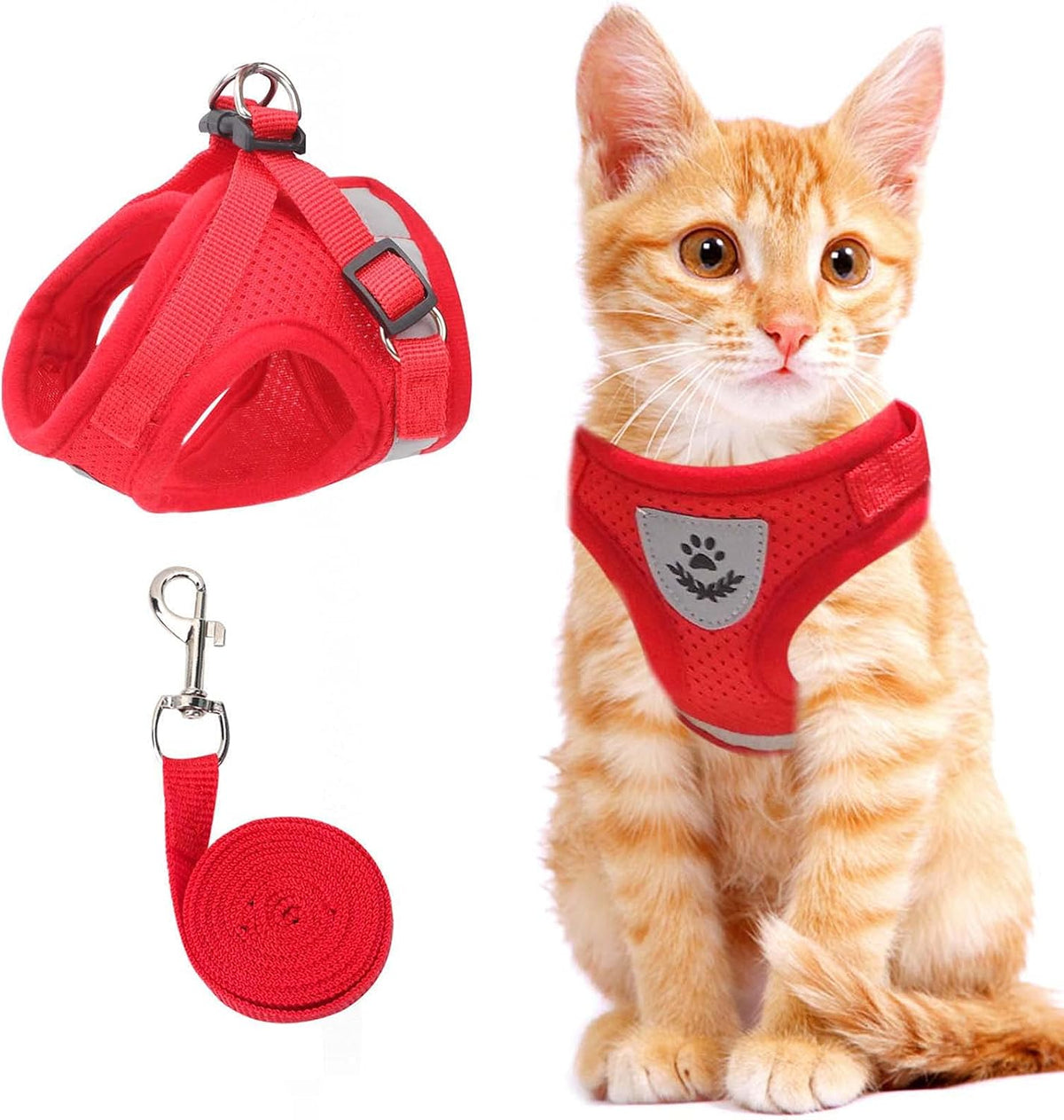 Cat Vest Harness and Leash Set - Red / Medium (Chest: 14"-15")