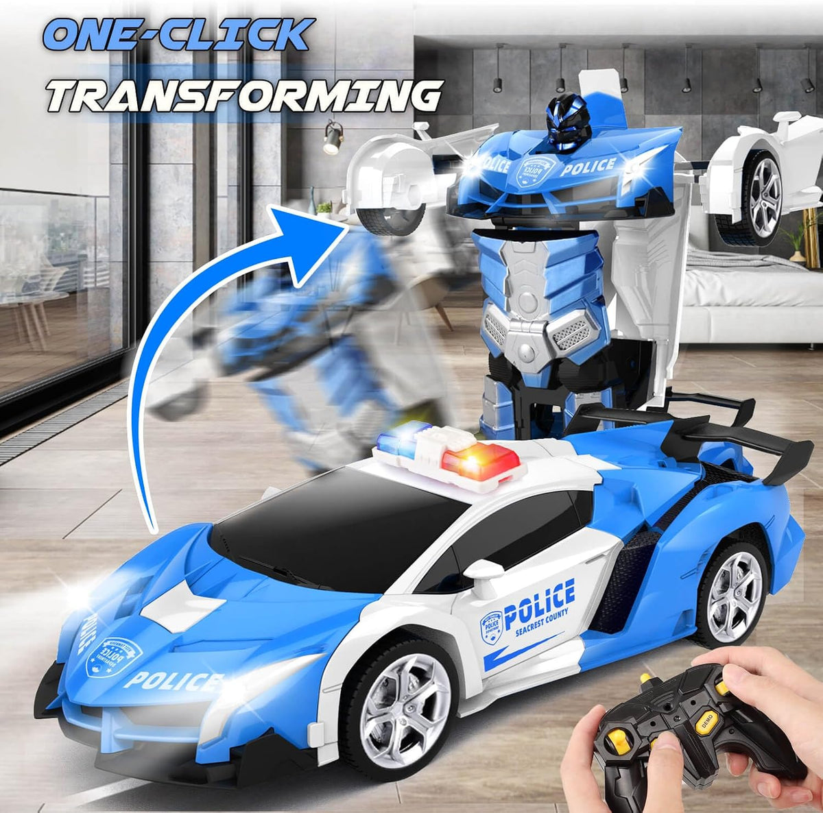 Transform Remote Control Car Toys for Boys 4-6 - Police Car Blue - image 3