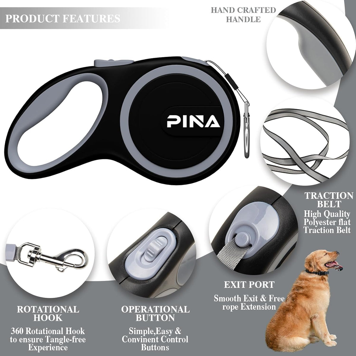 Retractable Dog Leash, 26ft Dog Leash for Small Medium Large Dogs Up to 110lbs, 360° Tangle-Free - 26 ft / Black Gray - image 2