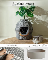 Cat Litter Box Plant Enclosure, Hidden Handwoven Rattan with Cat Litter Box Furniture and Artificial Plants, Odor Control Filter, Real Stones in Living Room, Bedroom, Corner (Gray)