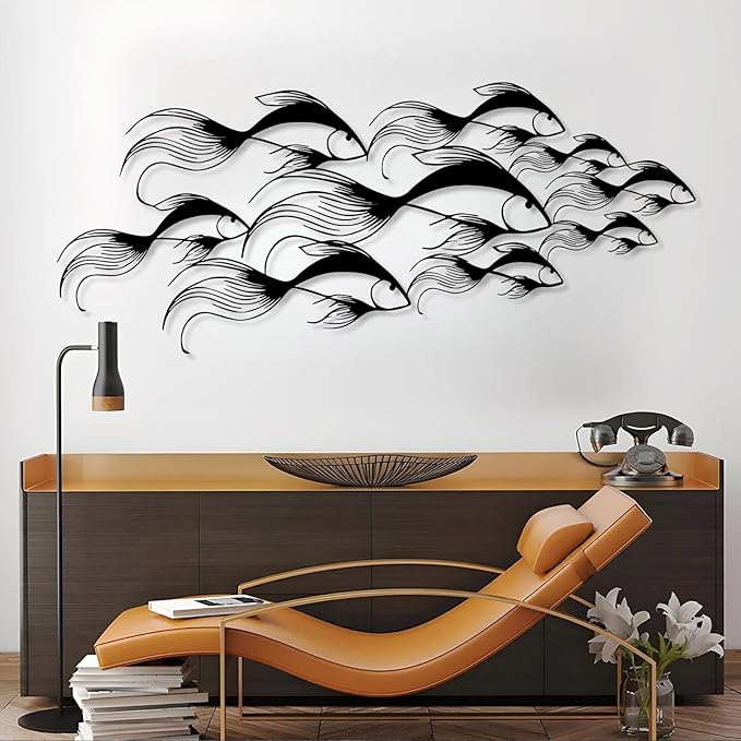 School of Fish Metal Wall Art, Metal Fish Wall Decor, Sea Life Wall Art, Large Nautical Wall Hanging, Modern Beach House Wall Decor, Ocean Themed Artwork for Bathroom (White, 30"x12" | 76x32cm)