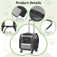Rolling Cat Carrier with Wheels: Dog Carrier for Small Dogs & Large Cats, Expandable Pet Carrier on Wheels with Cat Play Tunnel, Large Capacity, Breathable Mesh, Side Pocket, Grey