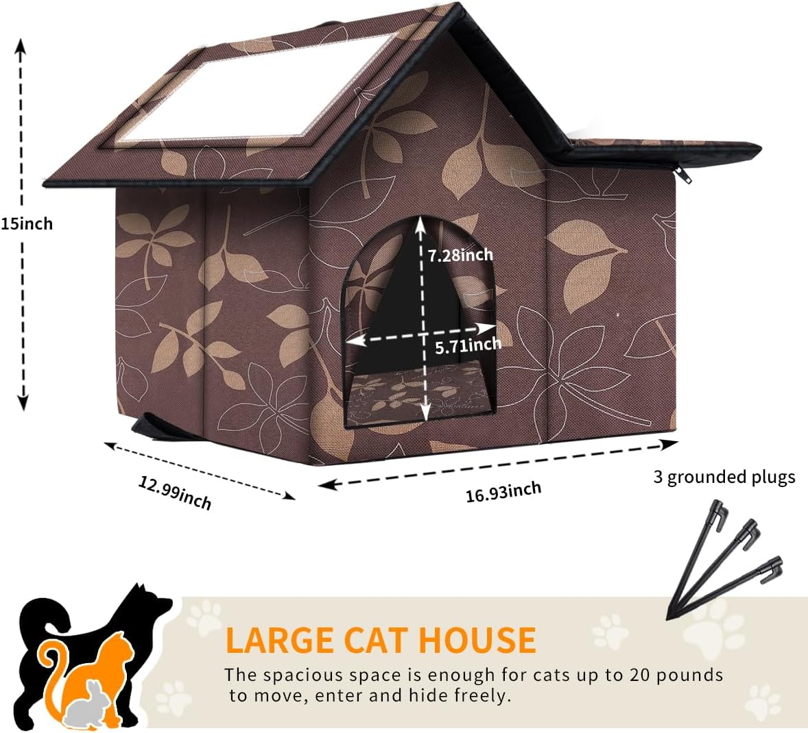 Outdoor Cat House Weatherproof, Large Feral Cat House for Winter - Maple Brown / 17" x 13" x 15" - image 3