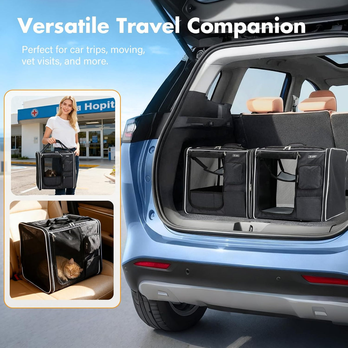 Lekereise Large Cat Carrier for 2 Cats - Foldable Black / L-2 Cats Travel - image 4