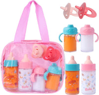 Beem Jun pink baby doll bottles and pacifiers set in a clear zippered bag - view 3