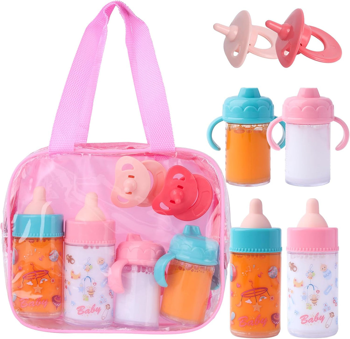 Beem Jun pink baby doll bottles and pacifiers set in a clear zippered bag - view 3