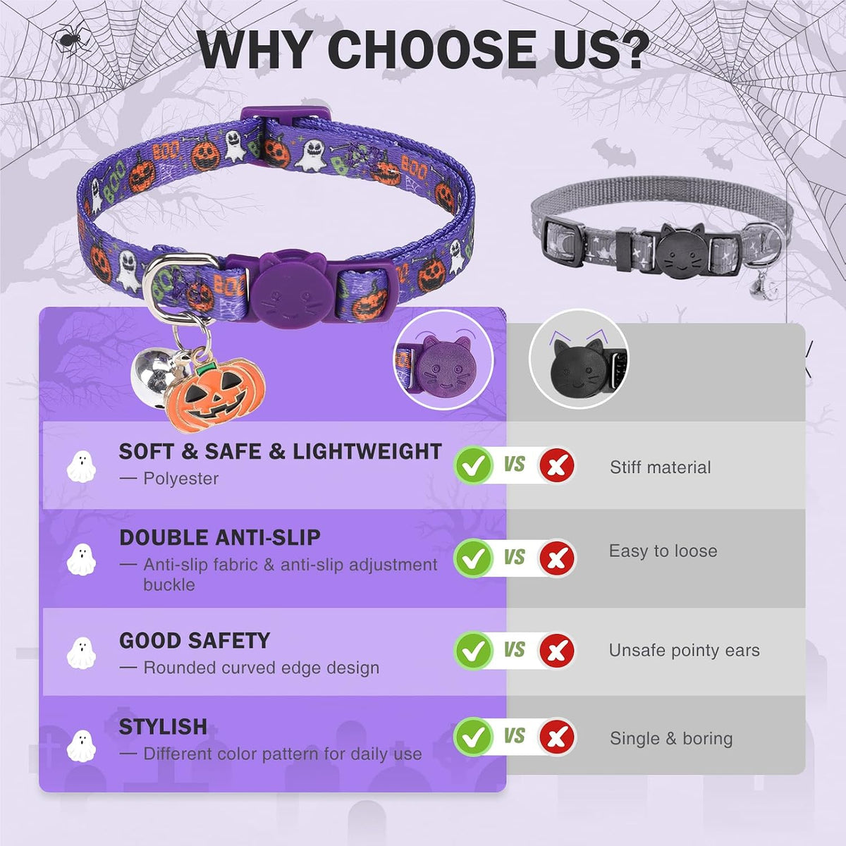 Cat Collar Breakaway, Soft Kitten Collar with Bell, Daisy - Halloween (Pack of 3) - image 4