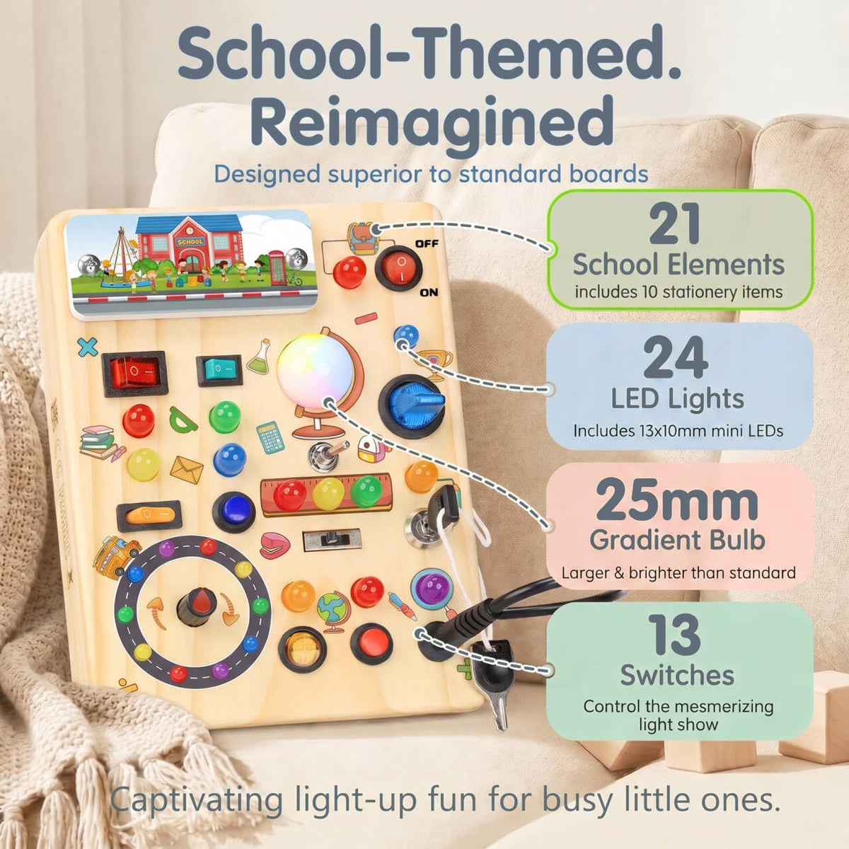 RichBoy Busy Boards, Lights Switch-Style, Wooden - School 6.7" x 5.3" - image 2