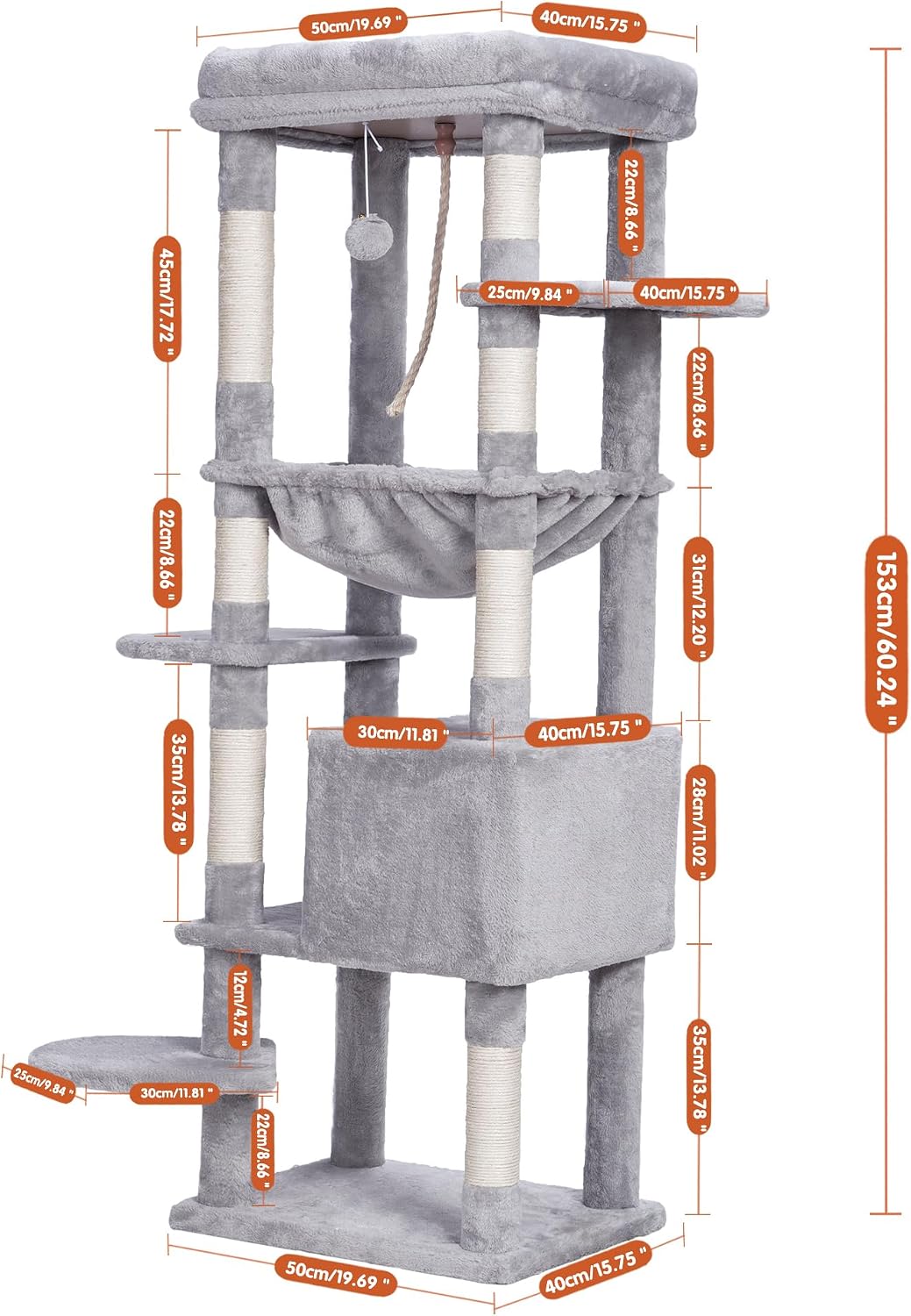 Heybly Cat Tree, 76-Inch Tall Heavy Duty Cat Tower for Big Cats HCT039G – Essentials for Cats - Light Gray / 60 inch - image 3