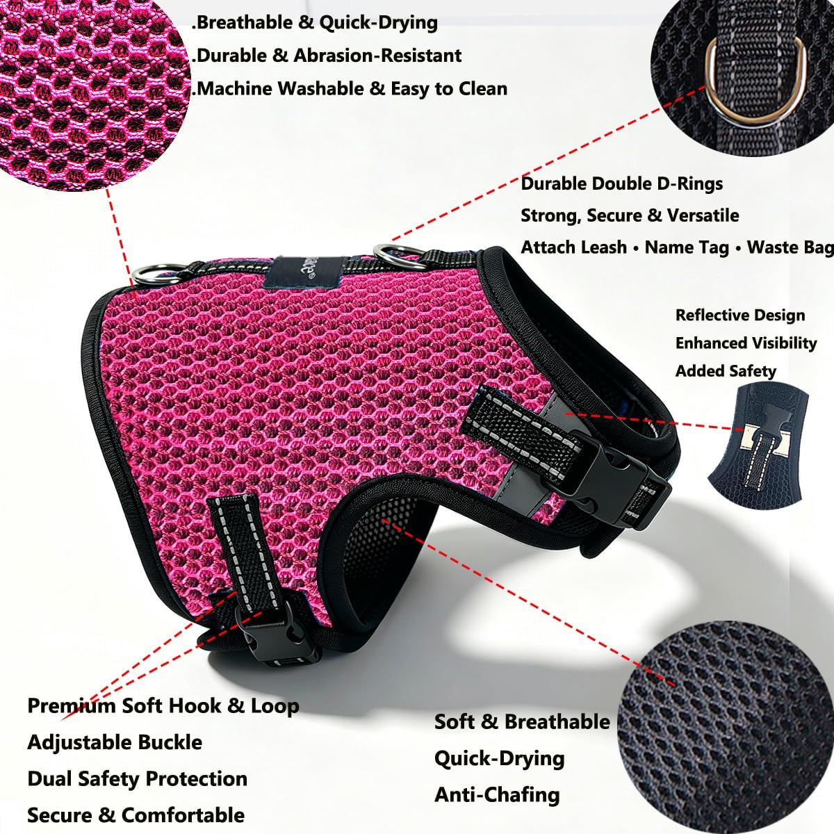 Mini Dachshund Harness, No Armpit Rub, Escape Proof, Reflective - Rose Red / S: Chest 32-41cm (12.5"-16") - image 2