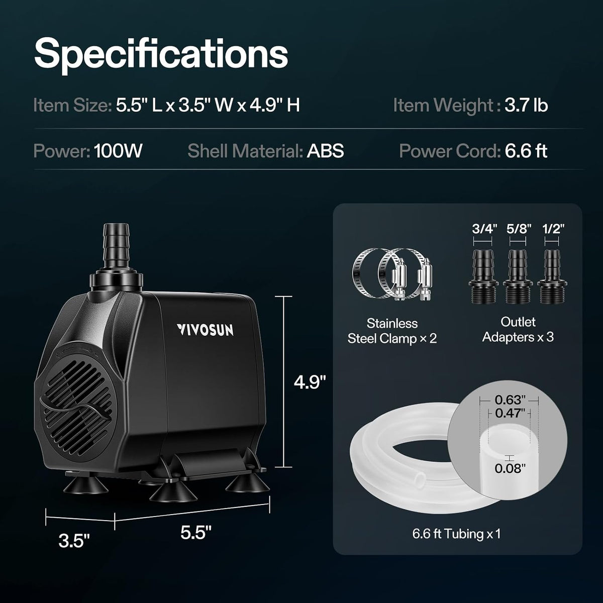 VIVOSUN 660GPH Submersible Fountain Water Pump for Pond - 8"×6"-1050 - image 2