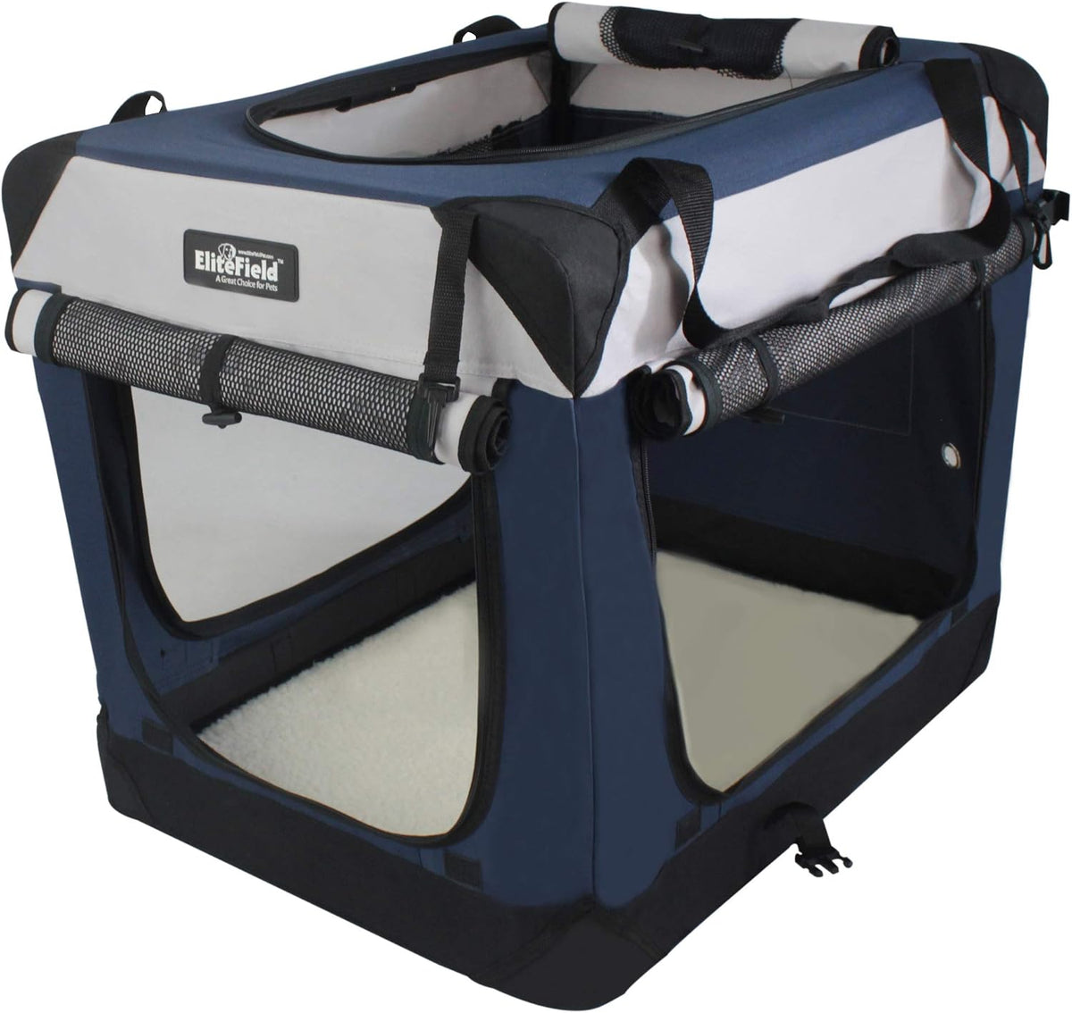 EliteField 4-Door Folding Soft Dog Crate with Curtains – Essentials for Dogs - Navy Blue+Gray / 42.0"L x 28.0"W x 32.0"H - image 2