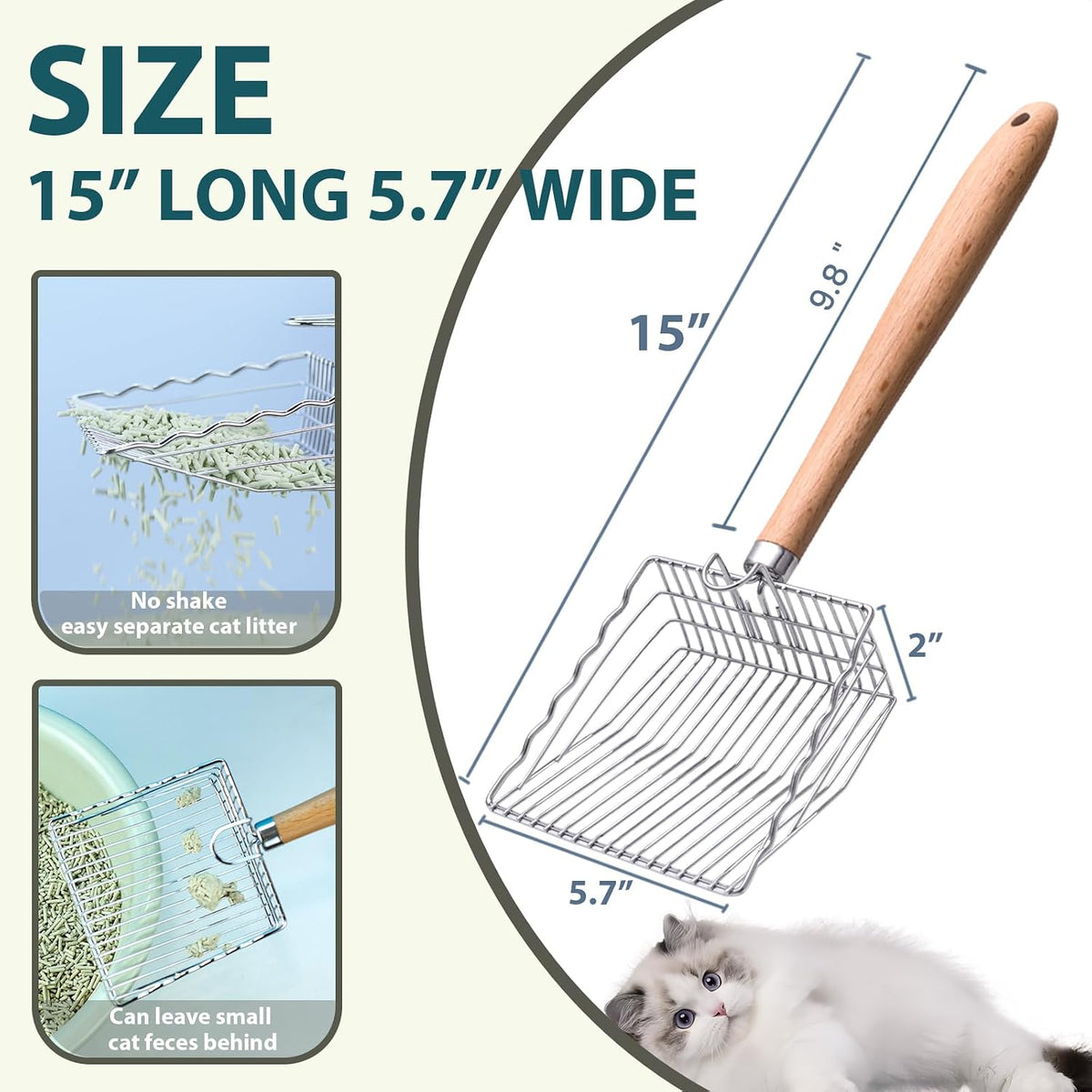Cat Litter Scoop, Stainless Steel Kitty Metal Scooper with Hook and Hole – Daily Care for Cats - 9.8"Handle - image 4