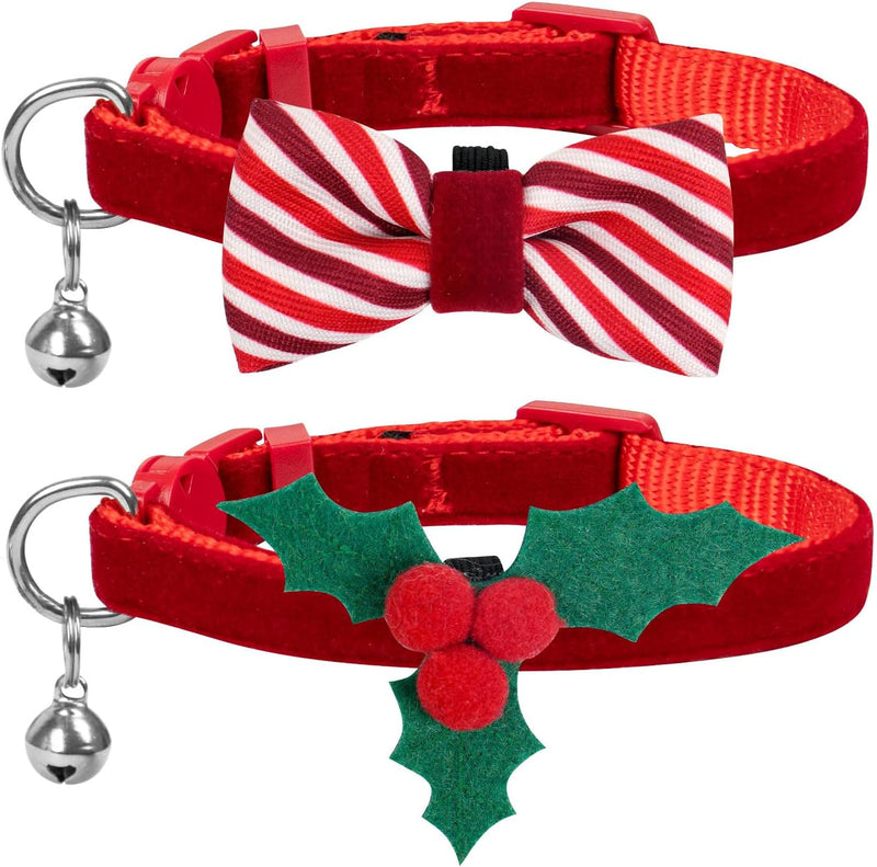 2 Pack Halloween Cat Collars with Bell - Z#Christmas Holly / Neck: 6"- 8"