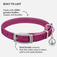 CollarDirect Leather Cat Collar with Bell - Kitten Collar, Small and Big Cat Strap for Boy Cats, Girl Cats with Safety Elastic Strap (Neck Fit 6"-7", Pink)