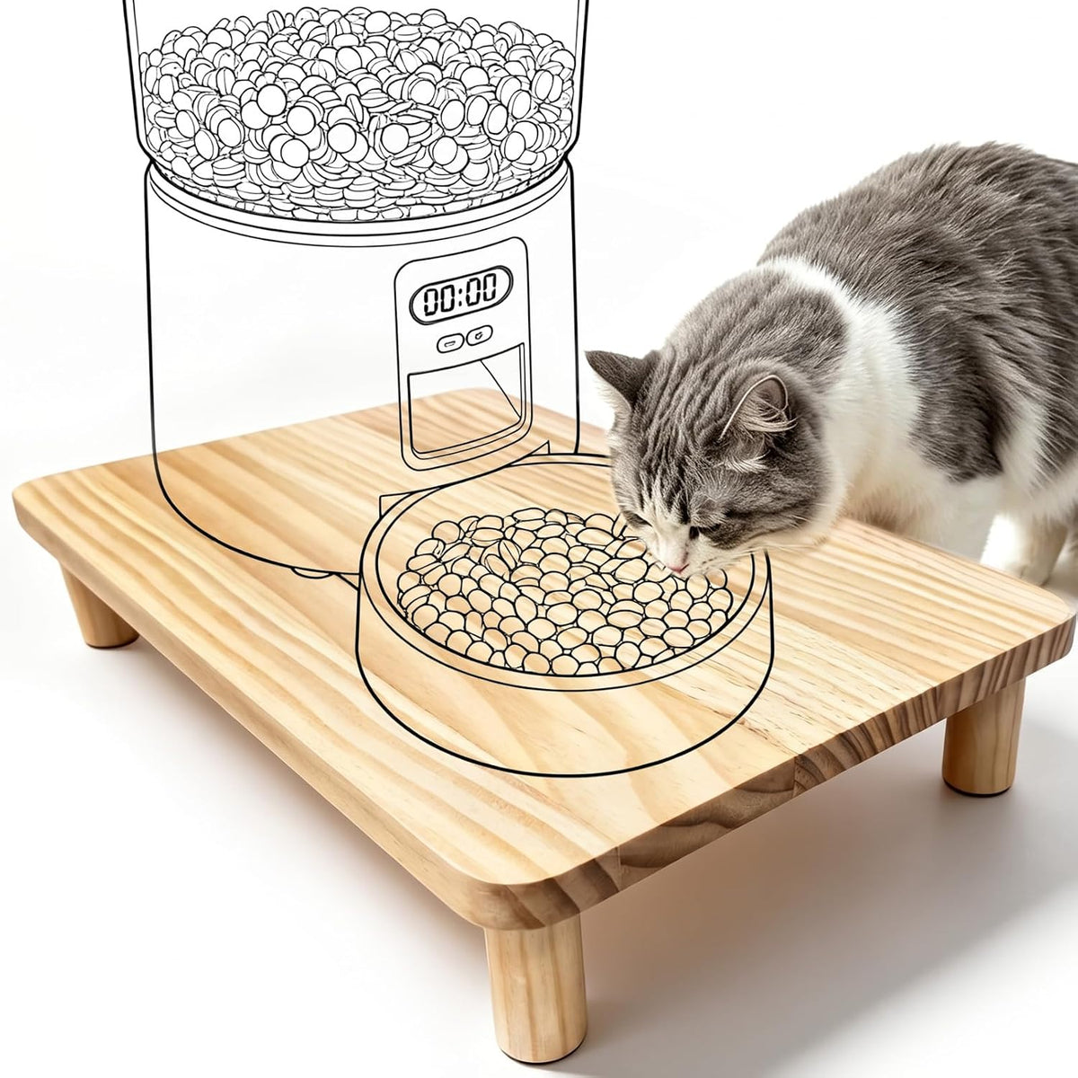 SZEE Cat Food Stand, Elevated Cat Feeder Stand for Automatic Feeder & Bowls – Essentials for Cats - Pine Wood / Larger ( 15.5" × 9.8" × 3" )