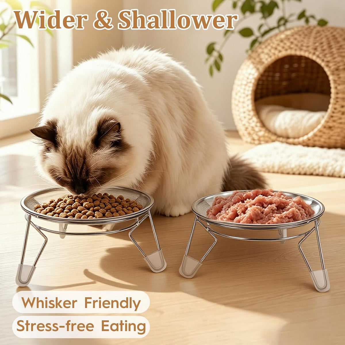 Elevated Cat Bowls,6.7" Extra Wide Raised Stainless Steel Cat Food Bowls with Anti-Slip Metal Stand - 2 plates with stand - image 4