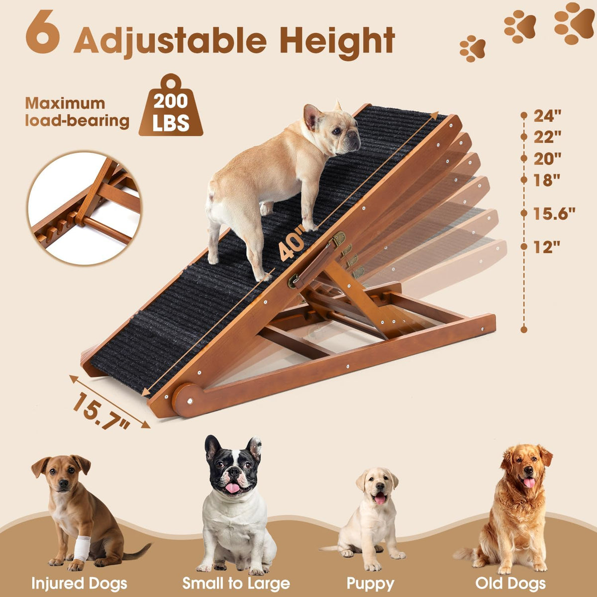 Dog Ramp for Bed, Foldable Small to Large Dog Ramp for Couch - Walnut/Standard - image 2