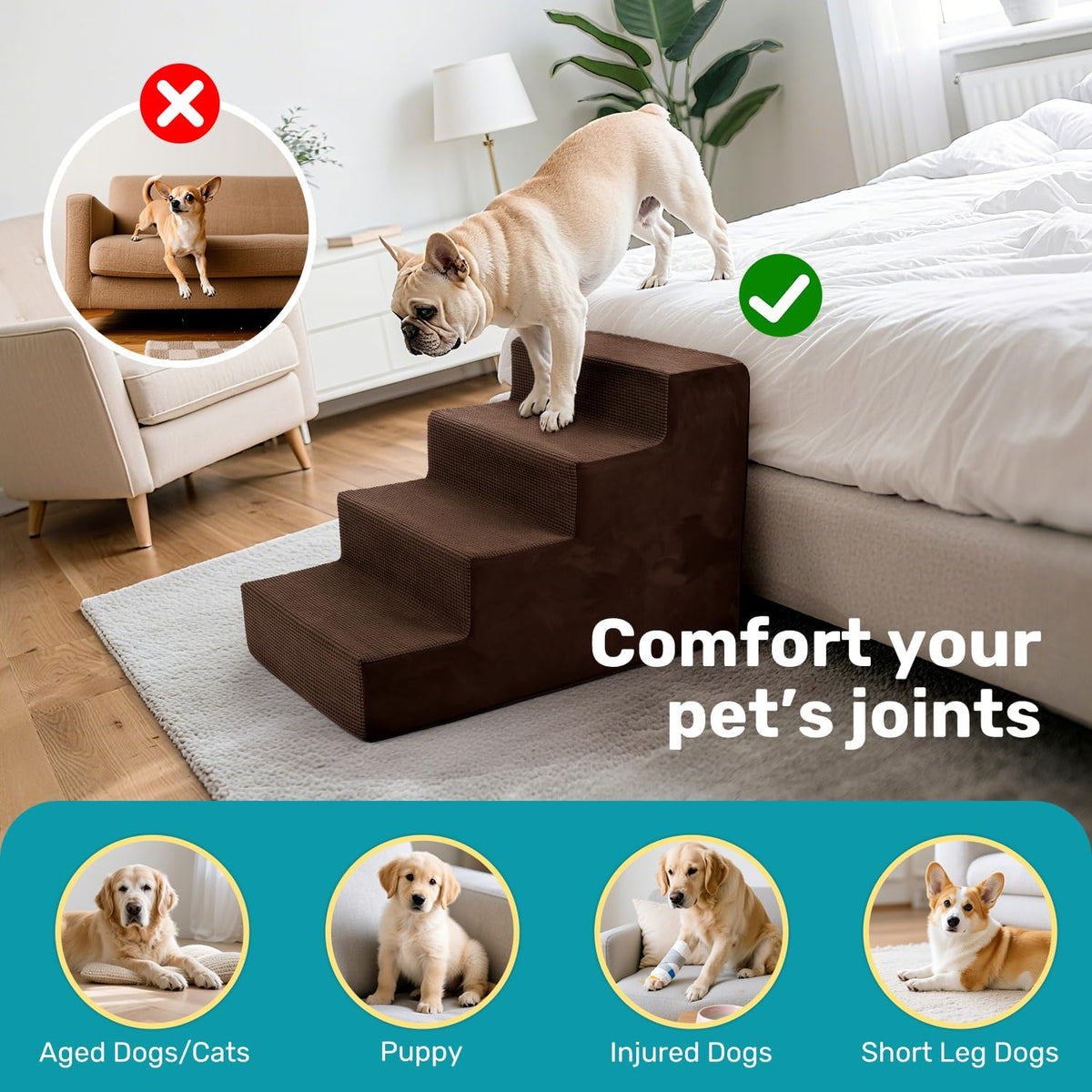 Dog Stairs for Bed, Extra Wide 4-Step Dog Steps for High Bed - Brown / 4 Steps - image 4