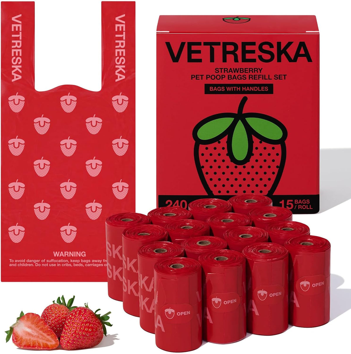 VETRESKA Dog Poop Bags with Handles 240 Count - Strawberry / 1 Count (Pack of 240)