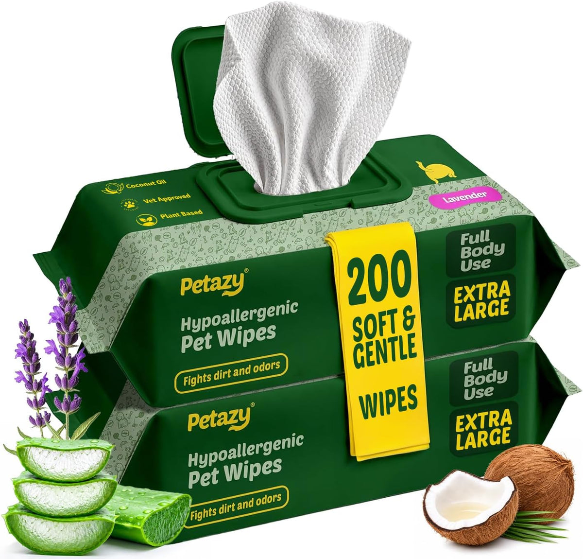 Pet Wipes for Dogs & Cats, Paws, Ears & Butt Cleaning - Lavender / 200