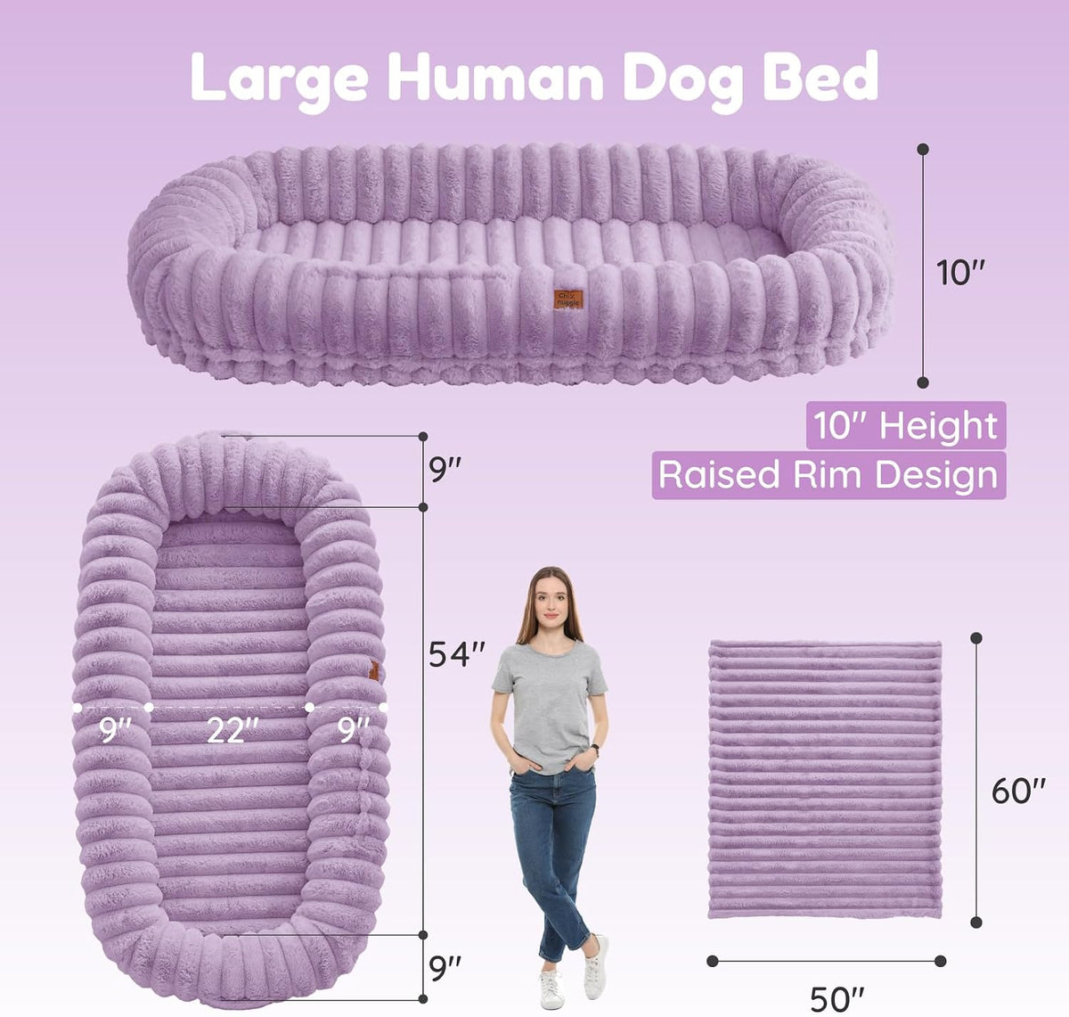 Orthopedic Human Dog Bed, with Faux Fur Washable Cover, Blanket - Purple / Human Dog Bed (72x40x10) - image 3