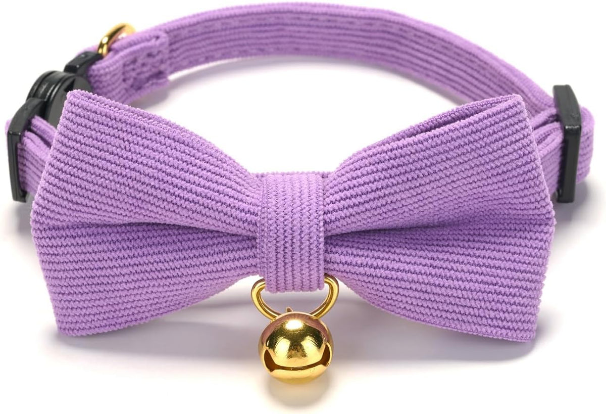 Breakaway Cat Collar with Bow Tie and Bell Adjustable Soft Corduroy - Small: Neck 7.5" - 11.0" / Purple
