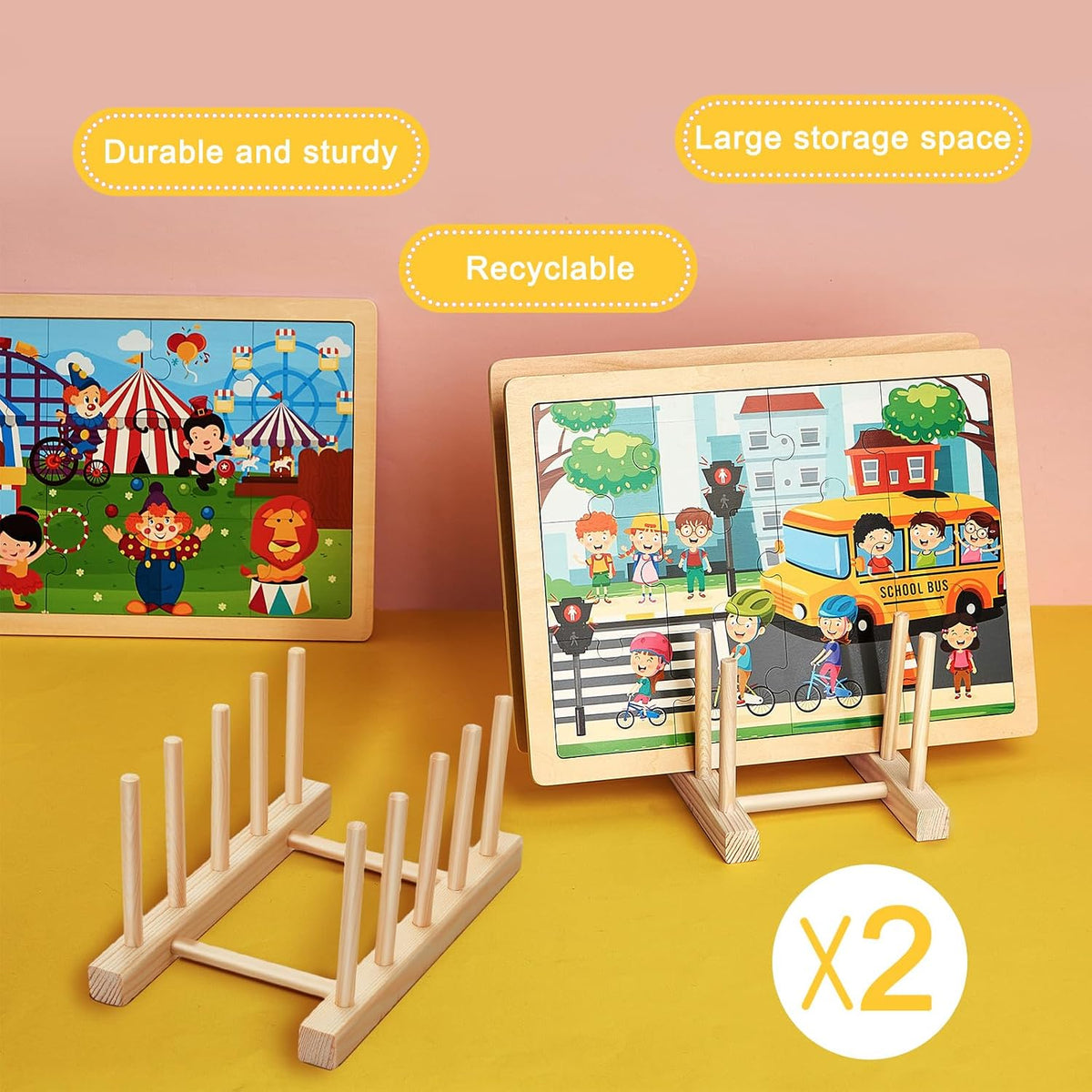 Barydat 2 piece natural wood puzzle rack organizer holding jigsaw puzzle boxes upright - view 7