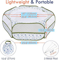 Pawaboo Small Animals Playpen, Waterproof Small Pet Cage Tent with Zippered Cover, Portable Outdoor Yard Fence with 3 Metal Rod for Chick/Kitten/Puppy/Guinea Pig/Rabbits/Hamster, Blue + White Flower