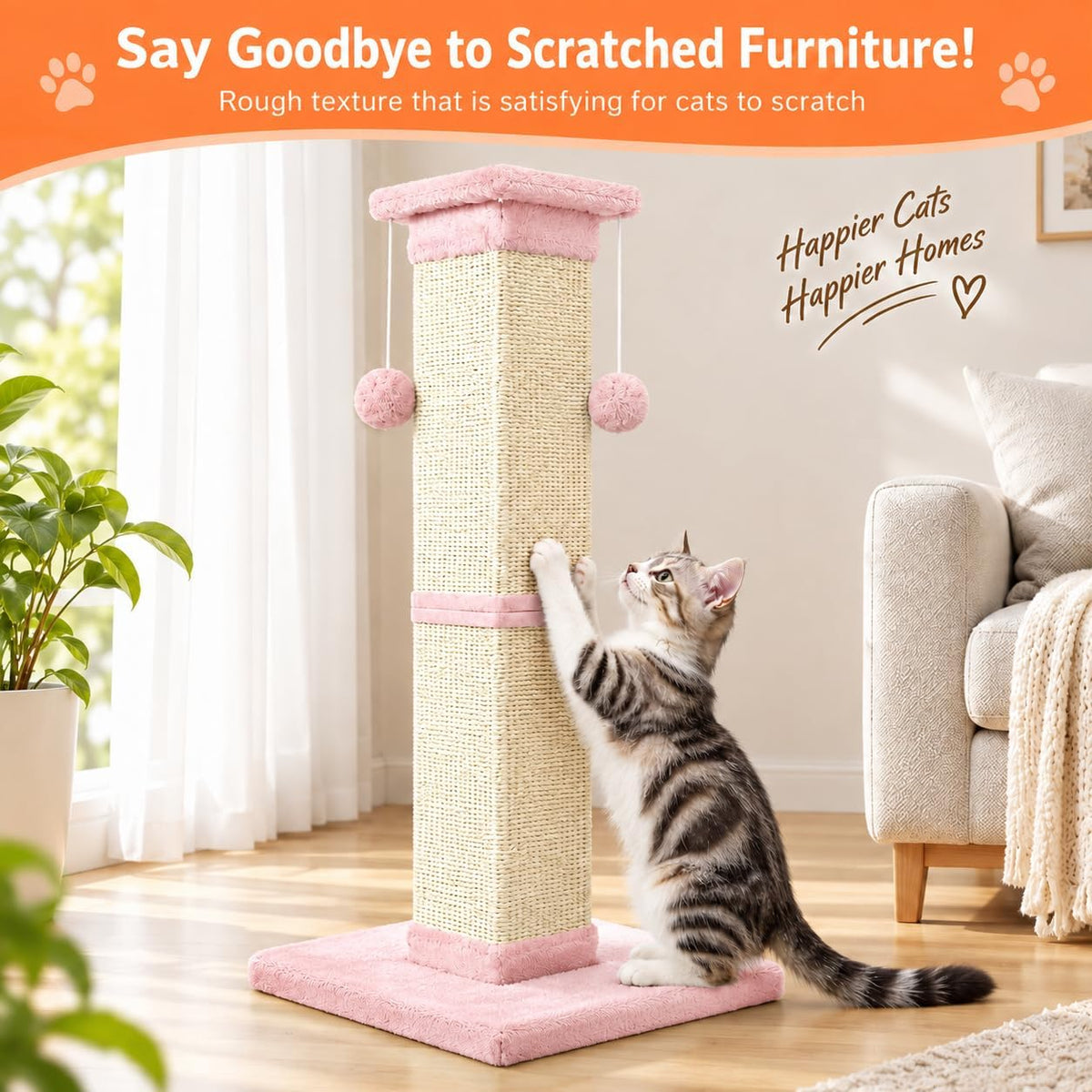 SOCATER Cat Scratching Post 33 Inch, Beige – Essentials for Cats - Pink - image 3