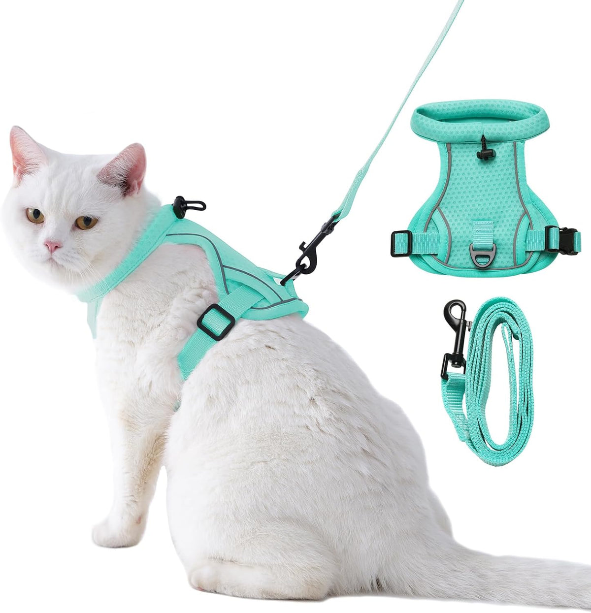 Dotoner Escape Proof Cat Harness and Leash Set Adjustable Soft Mesh - Turquoise / Medium