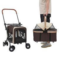 Double Pet Stroller for Dogs and Cats, Foldable Dog Stroller Travel Carriage with Detachable Carriers, Safety Belts, and 4 Lockable Wheels for Small to Medium Pets (Coffee Color)
