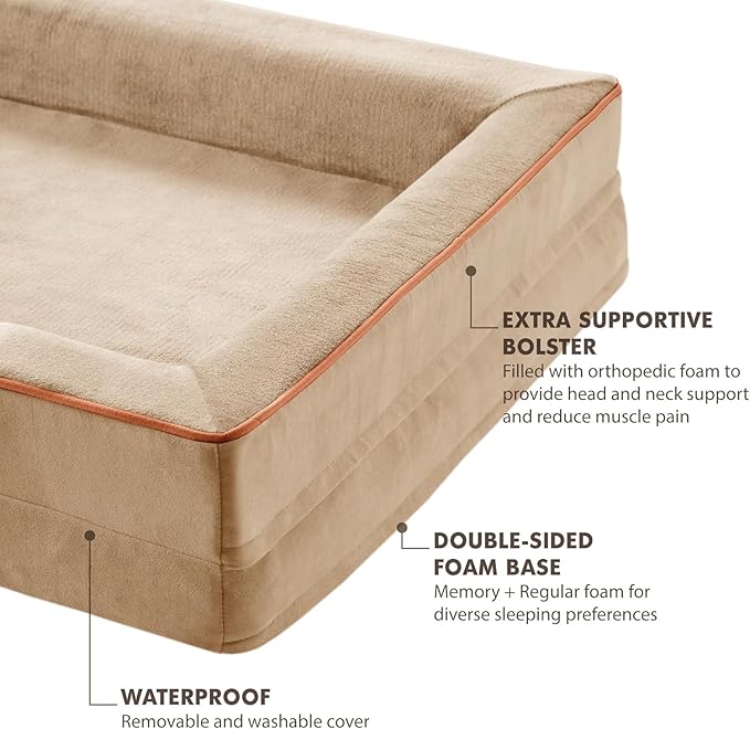 Friends Forever Orthopedic Dog Bed for Medium Dogs, Waterproof Memory Foam Dog Sofa Bed M with Removable Washable Cover, Ally Khaki, 28x23x6.5