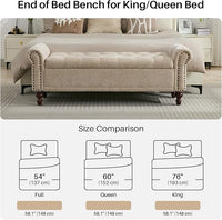 58.1'' Storage Bench Upholstered Chenille End of Bedroom Bed Bench Ottoman with Tufted Cushioned Rolled Arm Large Storage Space for Reading Living Room Entryway, Light Brown