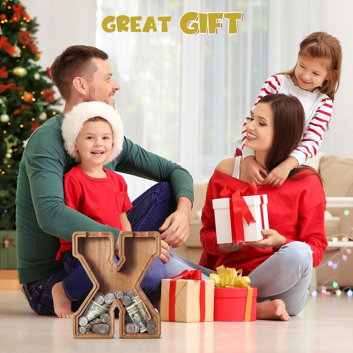 KMC wooden letter piggy bank, oak initial coin bank with clear plexiglass front - view 37